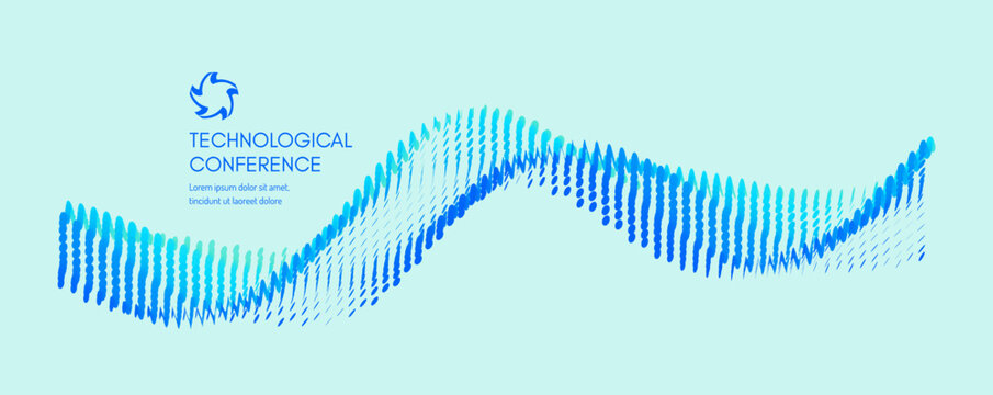 A technology conference event. Dynamics particles. Abstract wavy background. Wave with connected dots. Big data. 3D grid surface. Illustration for brochure, poster, cover, presentation, flyer, banner.