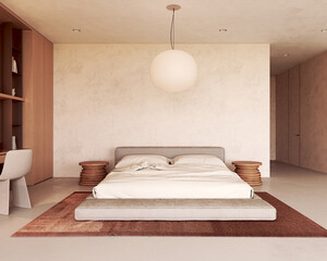 Upholstered bed with headboard in a scandinavian bedroom with empty wall mockup template © Viktoria Kovalchuk