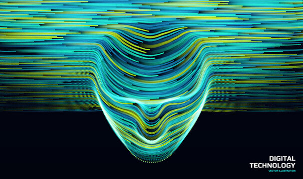 Dots form a human face extruded from a surface. Looking down. Modeling process. Big data. Technological concept. Vector graphics for a brochure, poster, cover, presentation, etc.