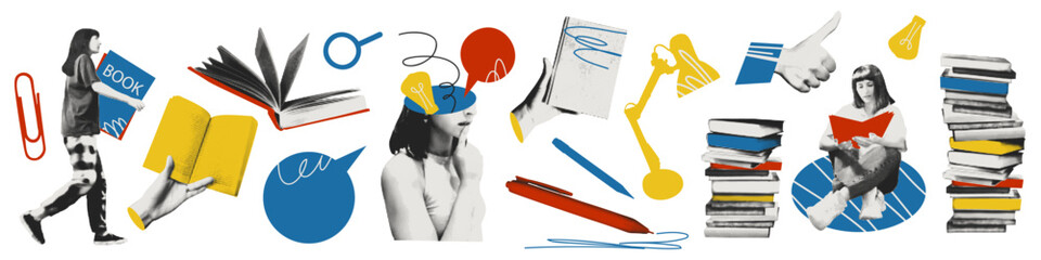 Education and brainstorming concept, reading, study and creative thinking. Vintage collage style vector illustration with halftone books, lamps, pens, students and light bulb. Paper cut outs, doodles  © ugguggu