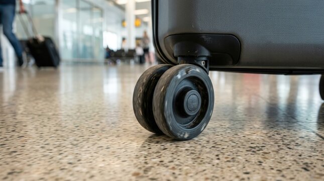 Suitcase wheel rolling on polished airport floor