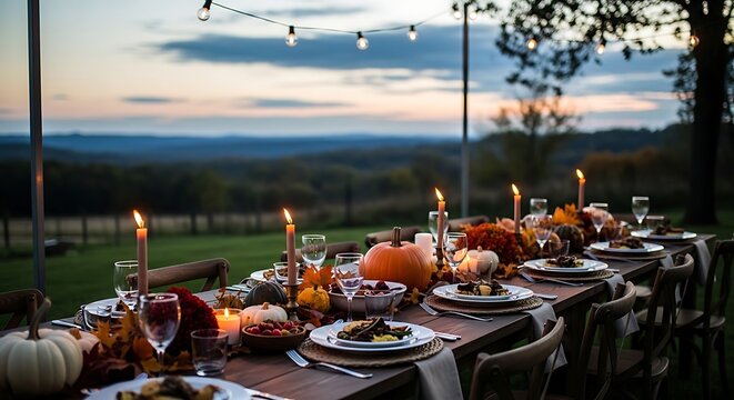 Autumn harvest dinner party outdoor table setting with scenic view