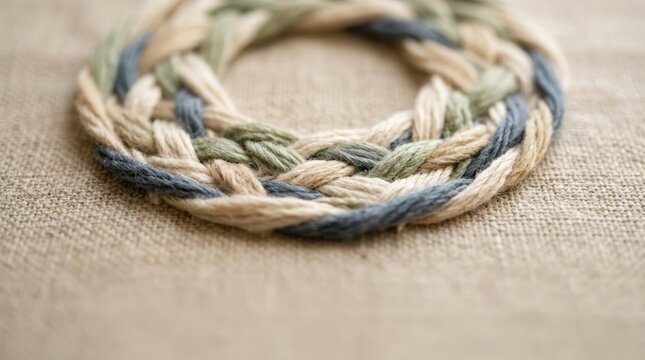 Braided woven threads forming interlaced circle on fabric surface