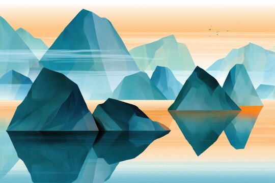 Stylized illustration of karst mountain landscape with water reflections at sunrise