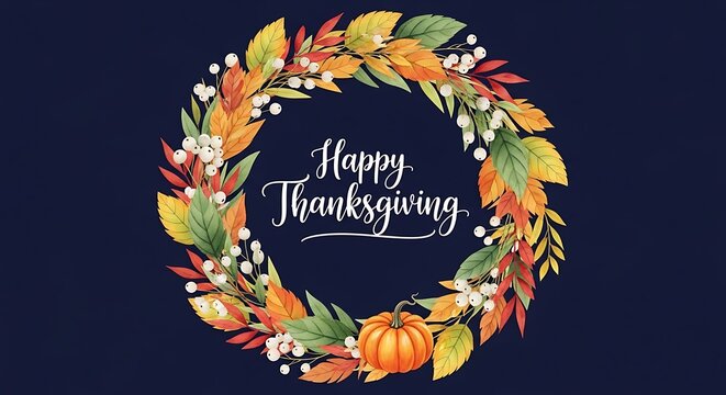 Watercolor thanksgiving wreath with pumpkins and autumn foliage design