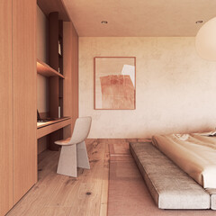 Boucle chair and bed in a minimalist japandi bedroom with poster frame mockup © Viktoria Kovalchuk