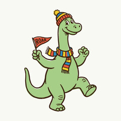 Cheerful Green Brontosaurus Character Walking with Roar Pennant in Colorful Winter Clothes Retro Vector Design © CISKEK HERE