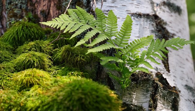 close up of fern frond moss and birch bark texture in nature