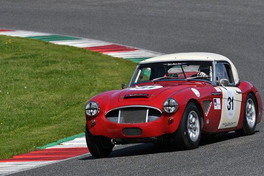Scarperia, Italy - April 5th 2024: Austin-Healey 3000 Mk II 1962 drive by unknown in action during Mugello Classic 2024 at Mugello Circuit in Italy.
