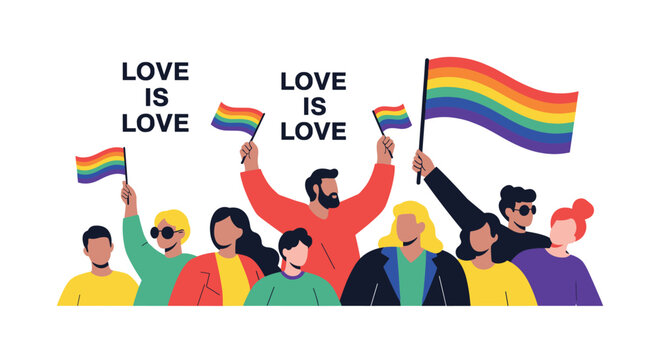 Diverse group of people holding rainbow flags and signs to celebrate lgbt pride month and support gender equality.