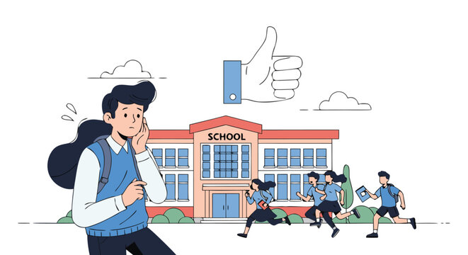 Concerned young student thinking about his education or social reputation while classmates head to a modern school building.