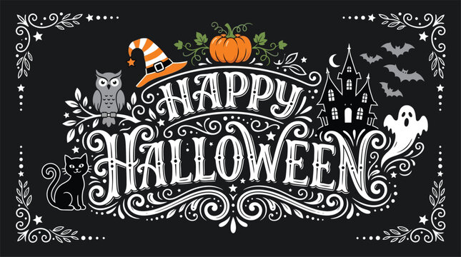 Festive halloween day illustration happy halloween with pumpkins ghosts and spooky elements