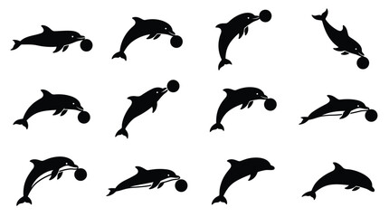 Twelve black dolphin silhouettes illustrating various poses like jumping, diving, and balancing balls on their snouts, set against a plain white background for vector design elements. © Tutorialxxx18