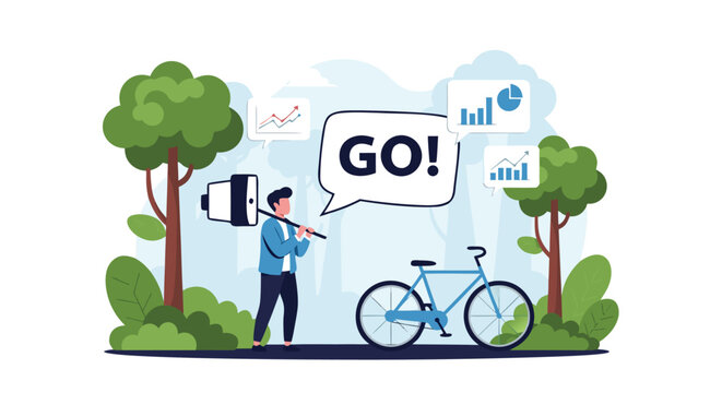 Determined man with a bicycle in a forest listening to a megaphone command to go while looking at performance data charts in the air.
