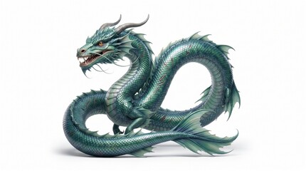 Fototapeta premium A single magnificent mythical sea serpent coiled in an elegant S shaped pose, isolated on a flawless pure white