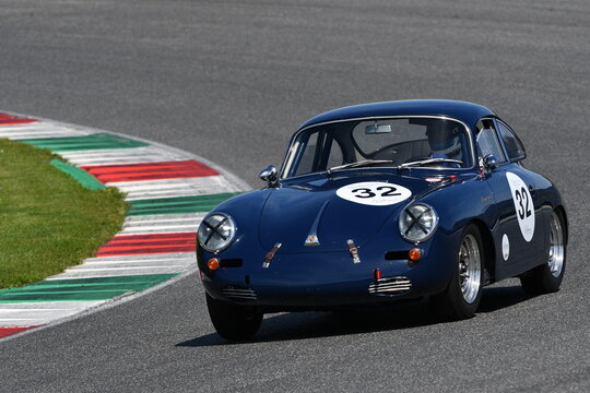 Scarperia, Italy - April 5th 2024: Porsche 356 (B) 2000 GS Carrera 2 coup&eacute; 1962 drive by unknown in action during Mugello Classic 2024 at Mugello Circuit in Italy.