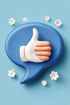Blue speech bubble with thumbs up icon and daisies conveying positive social media approval