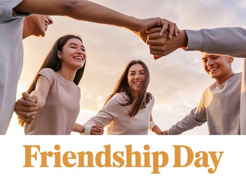 Happy Friendship Day diverse young friends holding hands together outdoors celebrating unity laughter trust support happiness friendship teamwork and lifelong connection
