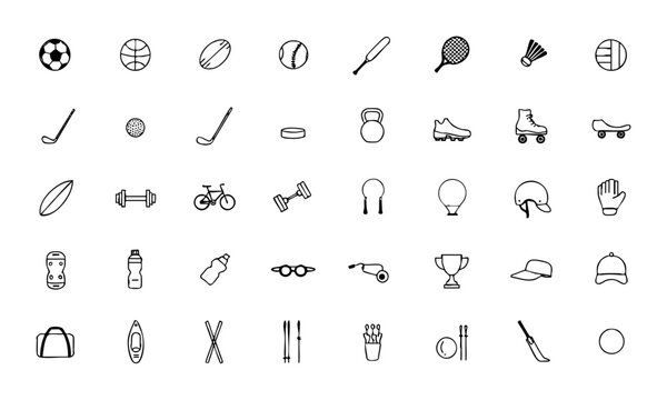 Sports Equipment Outline Icon Set.
