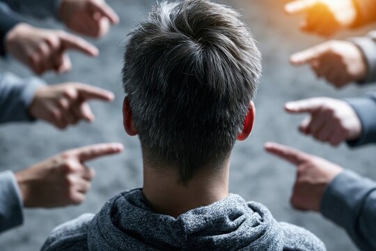 Person facing multiple accusatory pointing hands on concrete background