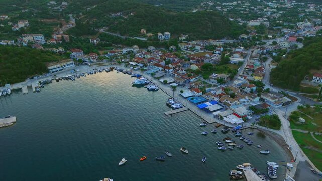 Aerial Sunrise Over Syvota Greece Coastline with Calm Ionian Sea