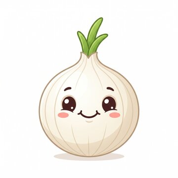 Cute cartoon white onion character illustration with smiling face, vegetable
