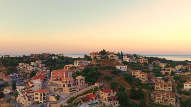 Aerial Sunrise Over Syvota Greece Coastline with Calm Ionian Sea