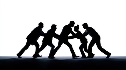 Obraz premium Teamwork Silhouette: A group of business people, silhouetted against a bright background, push forward in unison, symbolizing collective effort and shared goals.