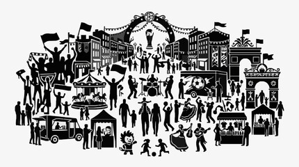 Obraz premium Black and white illustration of a bustling city festival scene.