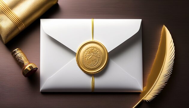 elegant white envelope sealed with a golden wax seal and monogram