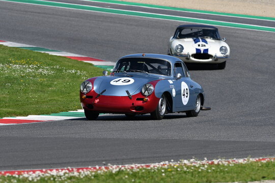 Scarperia, Italy - April 5th 2024: Porsche 356 SC coup&eacute; 1965 drive by unknown in action during Mugello Classic 2024 at Mugello Circuit in Italy.
