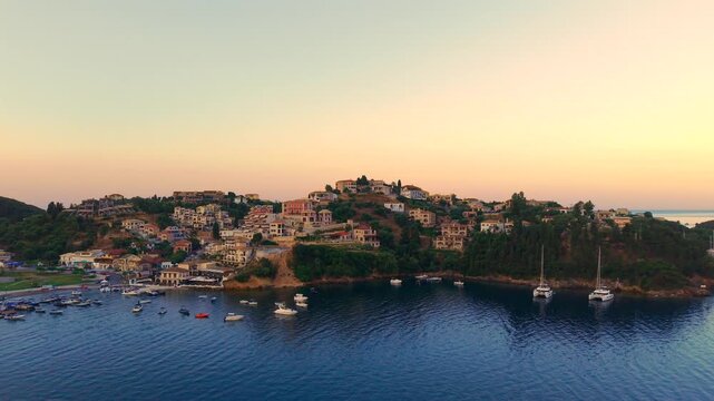 Aerial Sunrise Over Syvota Greece Coastline with Calm Ionian Sea