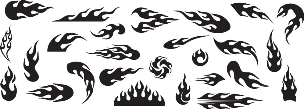 Flame decal. Fire abstract black silhouette  flames for race car or tattoo. Tribal flame hotrod car vinyl decals and motorcycle airbrush stencil. Burning element vector set
