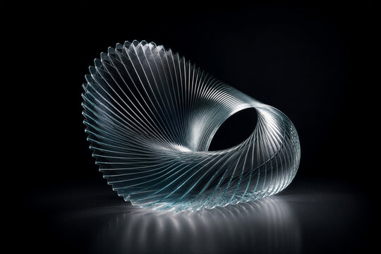 Futuristic transparent parametric glass spiral structure on black background. 3D architectural model for modern engineering, computational design and innovation concept.