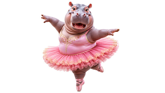 Funny hippopotamus dancing ballet wearing a pink tutu on white background