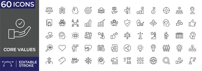 Core Values Icons Set. Includes symbols of integrity, honesty, trust, respect, teamwork, leadership, responsibility, ethics, commitment, diversity, excellence, and company culture. Editable stroke. © Iconology 