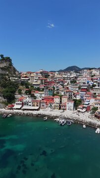 Parga Greek mainland town, aerial view of a mainland coastal town in Greece