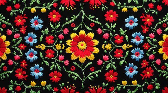 Colorful floral embroidery pattern with red and blue flowers on black