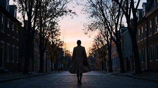 Person walking away down a cobblestone street at sunset