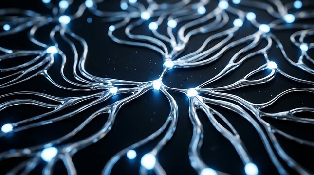 Glowing neural network connection with flowing digital data lines