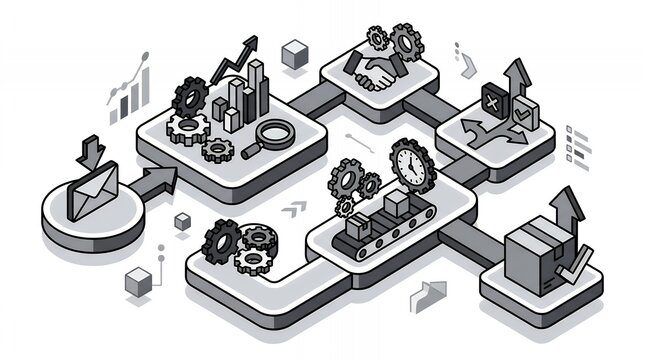 Isometric Business Workflow Diagram with Gear Icons and Process Flow in Minimalist Style