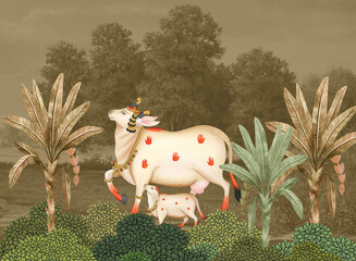 Cow Pichwai Wallpaper with palm tree background © kalakarilife
