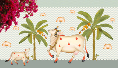 Indian Cows Pichwai Floral Palm Lotus Wallpaper © kalakarilife