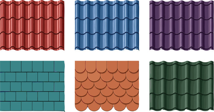 Colorful Roofing Material Vector Texture Set with Corrugated Metal Sheets, Ceramic Clay Tiles, and Modern Shingles for Construction and Architecture Designs