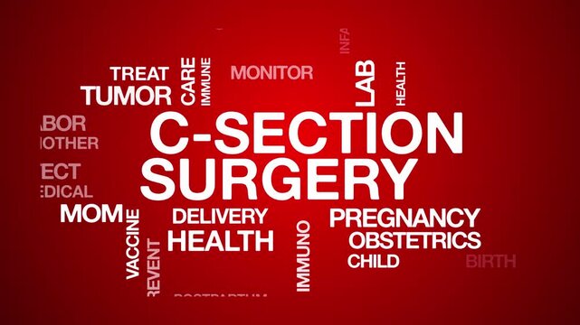 C section surgery concept Animated Tag Word Cloud kinetic typography, Text Design Animation typography seamless loop video motion graphics Intro Wordart arrangement red background bg backdrop campaign