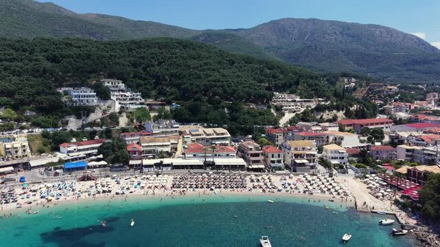 Parga Greek mainland town, aerial view of a mainland coastal town in Greece