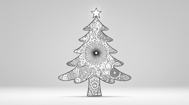 Hand drawn decorative Christmas tree with star for coloring page