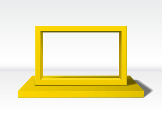 Empty yellow 3D picture frame standing upright on white background