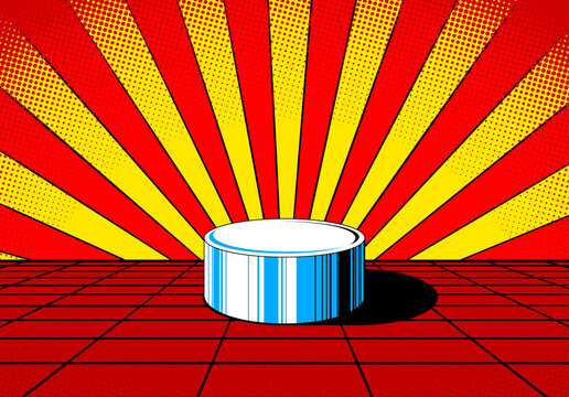 Empty round pedestal display podium with red sunburst rays and checkered floor