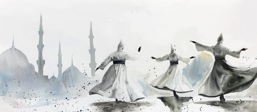 Watercolor Whirling Dervishes in Nature with Mosque Background